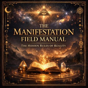 Peut inclure: Un livre intitulé The Manifestation Field Manual: The Hidden Rules of Reality, montrant une page ouverte avec des flammes dorées s'en échappant, entouré de deux cristaux, sur un fond étoilé sombre avec un symbole d'œil rayonnant.