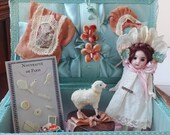 5 quot Antique Bisque Head Glass Eyes Doll in Presentation Box with Original Factory Dress and Putz Sheep and more