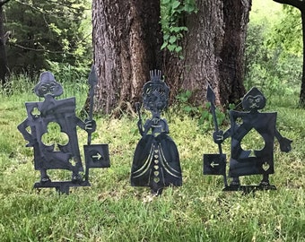 Queen of Hearts & Two Card Guards Set of Three Alice in Wonderland Garden Stakes Yard Art Metal Art