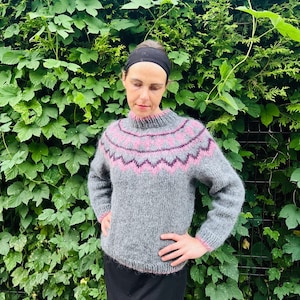 Icelandic sweater/100% wool Lopapeysa handmade in ash grey, pink, hellebore/READY TO SHIP