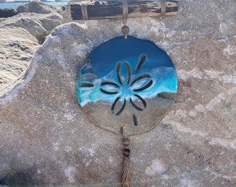 Sand dollar, wall hanging, beach art, macrame, resin art