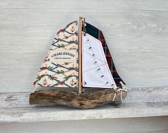 Christmas Sailboat, driftwood sailboat, sailing decor, sailboat art, nautical decor, nautical art, coastal gifts