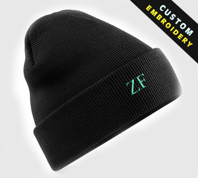 Personalised Black Beanie Hat Fully EMBROIDERED Initial Etsy