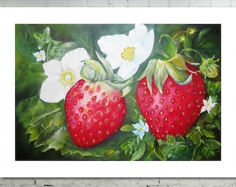 Strawberry digital print-Art poster berry pattern-Red Strawberry-Floral Printable Art-Wall Kitchen interior-Botanical oil painting original