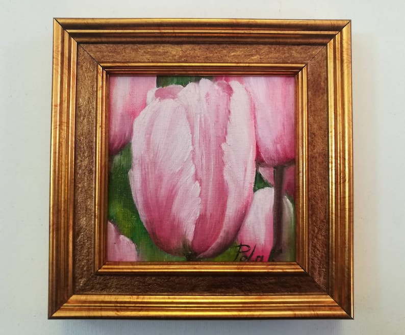 Pink tulips tiny painting in oil Tulip flowers art. Small canvas personalized gift ideas