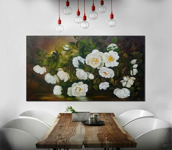 White Roses Large Painting Oil Original On Canvas Wedding Flowers White Roses For The Living Room Interior