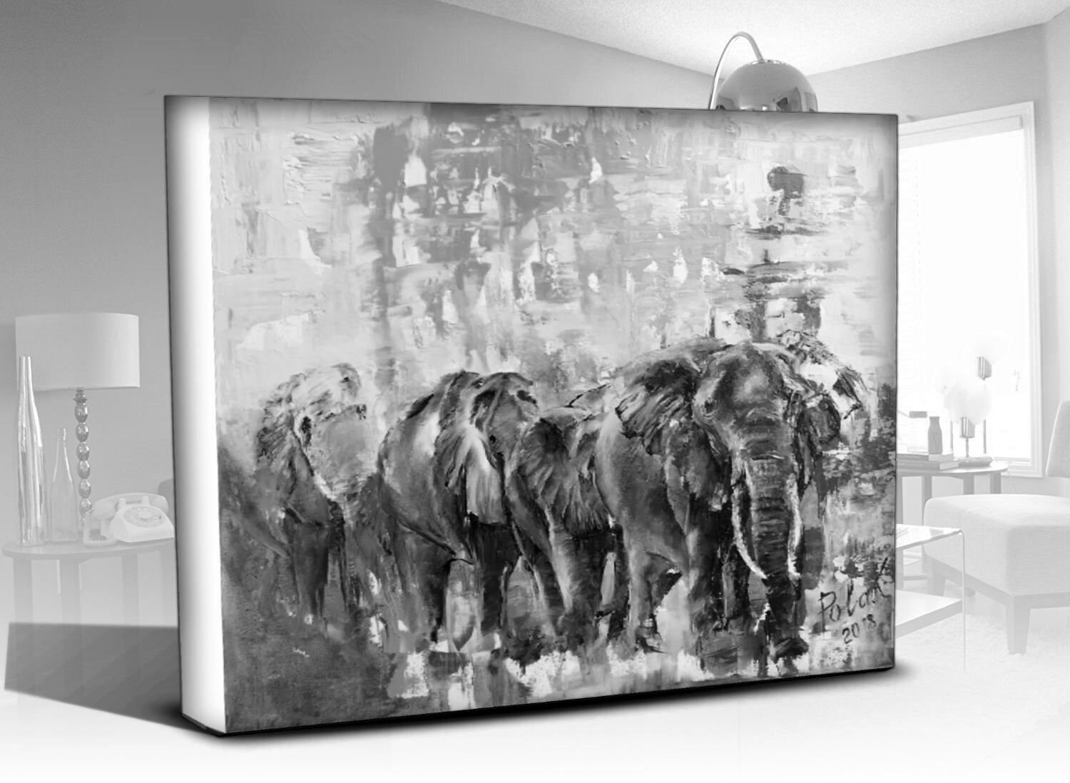 Elephants wall art print on canvas wabi sabi black and white art from contemporary painting original minimalist decor for animal lovers