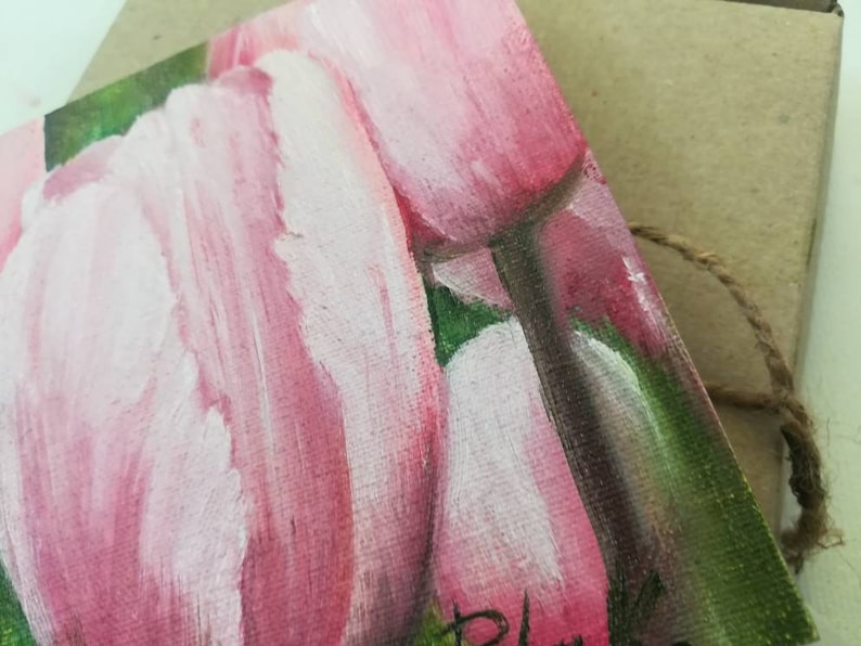 Pink tulips tiny painting in oil Tulip flowers art. Small canvas personalized gift ideas