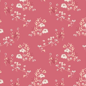May include: A seamless pattern featuring delicate white flowers and leaves on a pink background. The floral design is repeated throughout the pattern, creating a soft and romantic aesthetic.