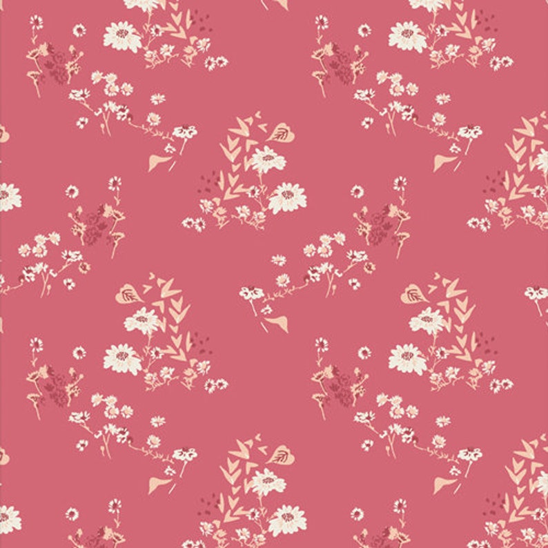 May include: A seamless pattern featuring delicate white flowers and leaves on a pink background. The floral design is repeated throughout the pattern, creating a soft and romantic aesthetic.