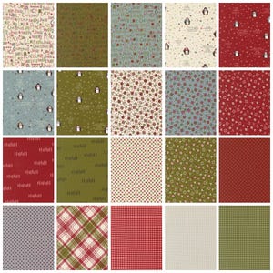 May include: A collection of twenty fabric swatches featuring various holiday-themed patterns including text prints, penguins, snowflakes, floral motifs, polka dots, stripes, plaids, and gingham checks in a colour palette of red, green, blue, and cream.