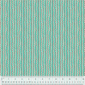 May include: Teal fabric with white and red zig-zag stripes. The fabric has a ruler with inches marked on it.