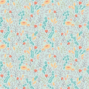 May include: A seamless pattern featuring a variety of small flowers and leaves in shades of orange, yellow, blue, and green on a light blue background.