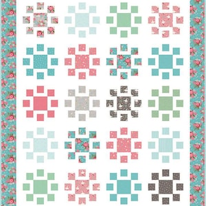 May include: A quilt pattern with 15 different blocks, each featuring a different floral or geometric design. The blocks are arranged in a grid pattern and are surrounded by a border of floral fabric.