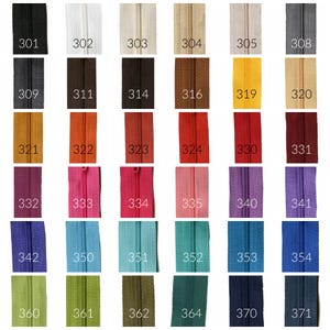 May include: A chart of 24 different colored zippers, each labeled with a number from 301 to 371.