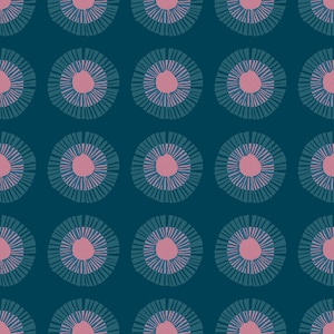 May include: A repeating pattern of teal-colored circles with a pink center and radiating lines. The circles are evenly spaced against a dark teal background. The design has a hand-drawn, organic feel.
