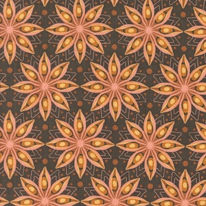 May include: A repeating pattern of stylized flowers in shades of peach, orange, and brown on a dark gray background. The floral design features petal-like shapes with oval details, surrounded by a dotted and zigzag pattern.