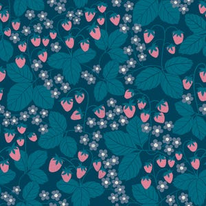 May include: A repeating pattern featuring pink strawberries, teal leaves, and small white flowers set against a dark blue backdrop. The strawberries have a textured look, and the leaves are large and detailed. The design evokes a botanical illustration style.