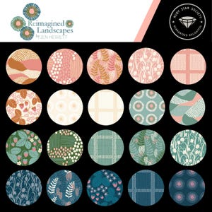 Peut inclure: Dix-huit motifs circulaires de tissus aux motifs et couleurs variés, notamment floraux, géométriques et abstraits. Les motifs sont placés sur un fond noir, avec le texte "Reimagined Landscapes by Jen Hewett" et un logo Ruby Star Society.