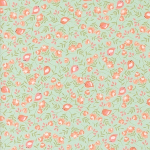 May include: A mint green fabric with a repeating pattern of pink flowers and small pink birds. The birds are stylized and have a simple design.