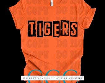 Tigers Druckbuchstaben PNG | Beunruhigtes Schulmaskottchen Design | Schmutz | Digitaler Download | Transparenter Hintergrund