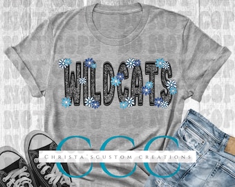 Wildcats Faux Glitter Embroidery PNG | Blue Floral School Spirit Design | Digital Download | Transparent Background