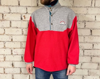 Vintage Ski Fleece Sweater 80s 90s Style Soft with High Neck Red Grey Color Size L / Gift for Him