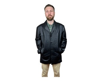Giacca vintage in pelle nera da uomo, taglia XL: stile classico anni '90