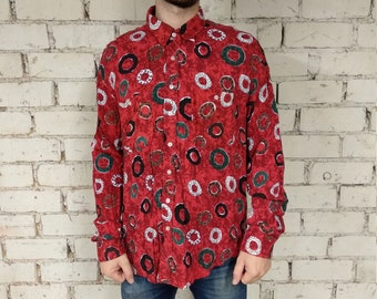 Men's Shirt / Shirt with Pattern / Viscose Shirt / Red Color Shirt / Classic Shirt / Size M / Gift for Men