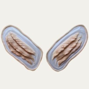May include: A pair of light brown, feathery wings, molded in a light blue, semi-translucent material. The wings are shaped like a pair of ears.