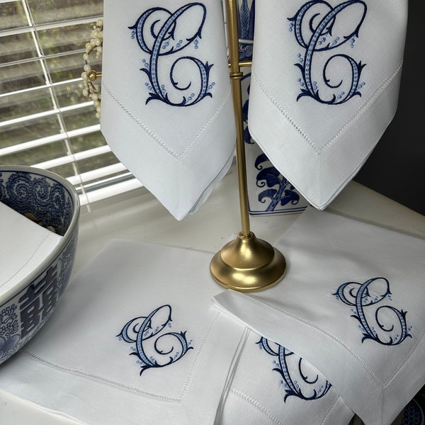 Monogrammed linen napkin, dinner napkin, table linens, hemstitched,