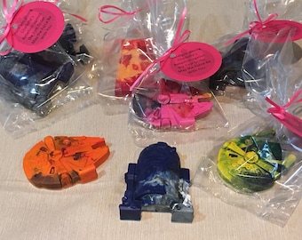 Set of 6 STAR WARS R2D2, Carbonite Han Solo, and Millenium Falcon Crayons- Perfect PARTY Favors! Wrapped wIth gift message or without