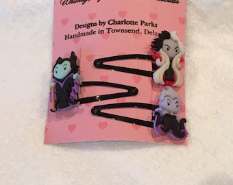 Precious Disney Villians Hair Pins/Snaps- Cruella de Ville, Malificent, and Ursula