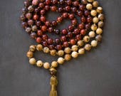 Earth Mala Rosewood, Leopard Jasper Picture Jasper 108 bead hand-knotted Mala necklace Tassel necklace Mala Beads