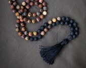 Nurture Mala Leopard Jasper Lava Stone 108 bead hand-knotted Mala necklace Tassel necklace Essential Oil Necklace