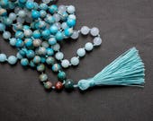 Air Mala Quartz Sea Sediment Jasper 108 gemstone bead hand-knotted ombre Mala necklace Tassel Necklace Meditation Jewelry Mantra