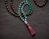 Grounding Mala Unakite Adventurine 108 gemstone bead hand-knotted Mala necklace Tassel Necklace