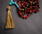 Power Mala Fire Agate Tigers Eye 108 bead hand-knotted Mala necklace Tassel necklace