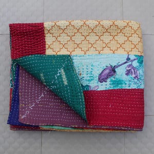 Vintage Handmade Kantha Quilt Throw – Boho Bedspread Blanket, Indian Cotton Quilt, Reversible Bohemian Bedding, Soft Layered Quilt