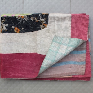 Vintage Kantha Quilt: Twin Size Floral Geometric Throw