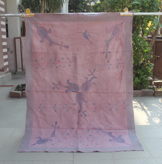 Vintage Pink Kantha Quilt: Hand-Embroidered Bird Floral Throw