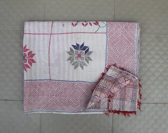 Colcha Kantha feita à mão: colcha de algodão com bordado floral vintage tamanho solteiro