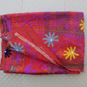 Red Floral Suzani Embroidered Kantha Quilt: Vintage Indian Throw