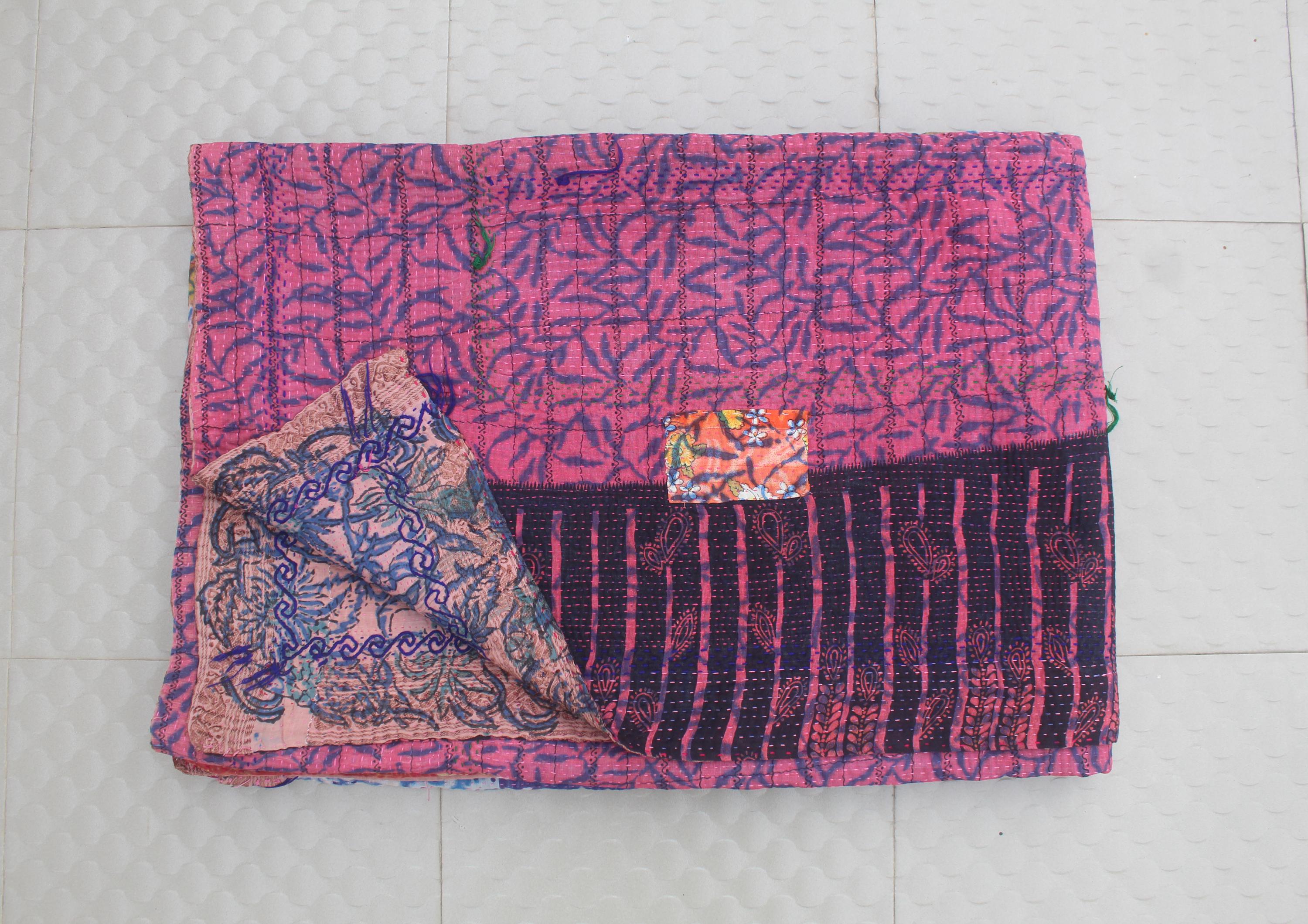 Hand Block Print Vintage Kantha Quilt: Reversible Cotton Boho