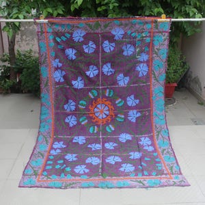 Vintage Kantha Suzani Quilt–Hand Embroidered Blue Floral Blanket, Reversible Boho Bedspread, Indian Handmade Cotton Throw, Folk Art Coverlet