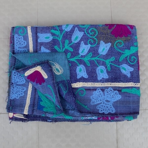 Indigo Suzani Kantha Quilt | Boho Floral Throw Blanket | Hand-Embroidered Indian Vintage Quilt | Reversible Cotton Bed Cover