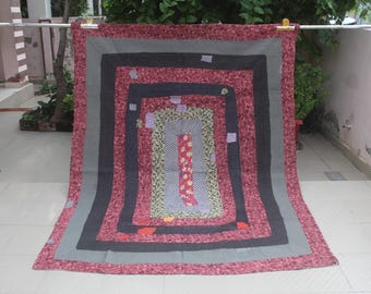 Vintage Kantha Quilt: Hand-Stitched Reversible Throw Blanket, Upcycled Patchwork