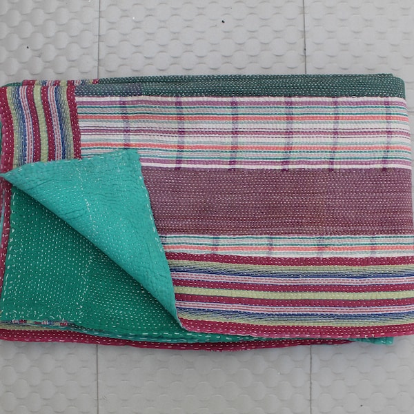 Kołdra Kantha w paski w stylu vintage | Dwustronna narzuta z zielonej bawełny