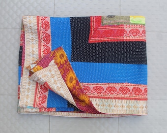 Reversible Kantha Quilt | Vintage Patchwork Cotton Throw, Boho Bedding