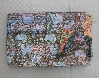 Vintage Floral Kantha Quilt | Reversible Saree Patchwork Bedspread